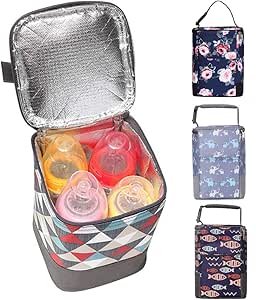HOKEMP Insulated Breast Milk Cooler Baby Bottle Bag with Adjustable Strap on Stroller Fits 4 Bottles, Up to 8 Ounce Lunch Box Tote Storage Bag (Colored Triangle, Ice Pack not Included)