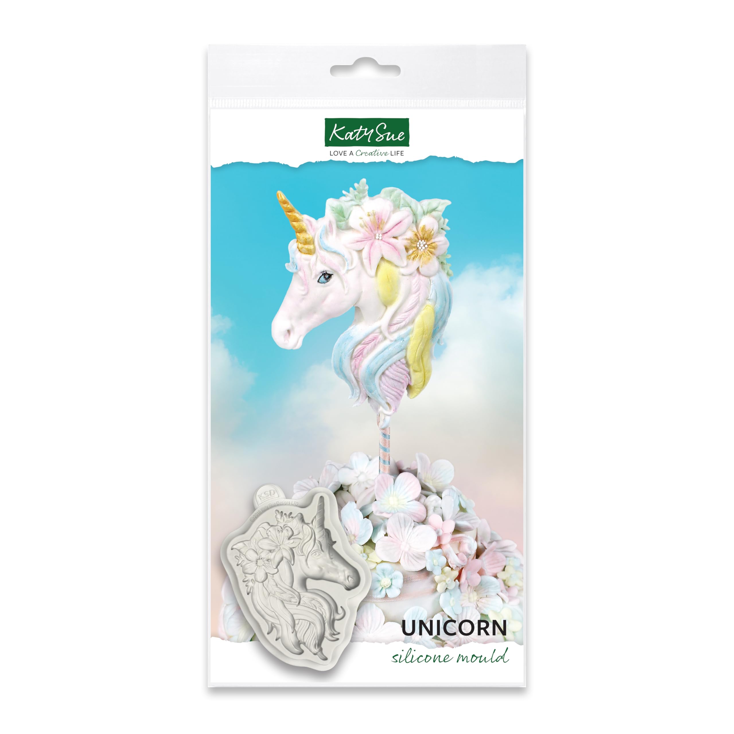 Katy Sue Unicorn Silicone Mould for Cake Decorating & Crafting for Fondant, Sugar Paste, Gum Paste, Soap, Air Dry Clay. Makes a Unicorn's Head Featuring Horn, Long Mane & Flowers. 120 x 80 Millimetres