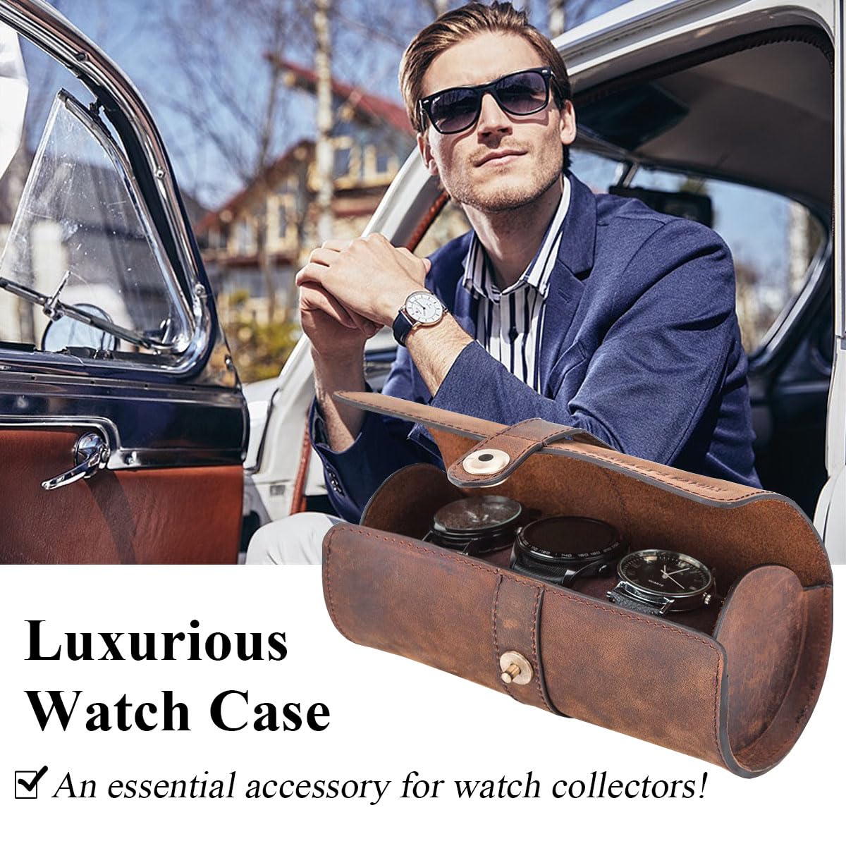 Acidea Genuine Leather Watch Roll Case - Travel Case for 3 Watches, Men's Accessories