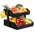 Bamboo 2 Tier Fruit Basket With 2 Banana Hangers, Vegetables Fruit Basket For Kitchen Counter, Large Capacity Fruit Bowl, Fruit Organizer For Kitchen Counter, Fruit Stand For Bread and Snacks (Black)