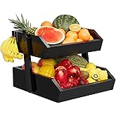 Bamboo 2 Tier Fruit Basket for Kitchen Counter, Large Capacity Fruit Storage Countertop, Fruit Holder, Wood Pantry Organizers and Storage, Kitchen Countertop Organizer With Two Banana Hangers (Black)