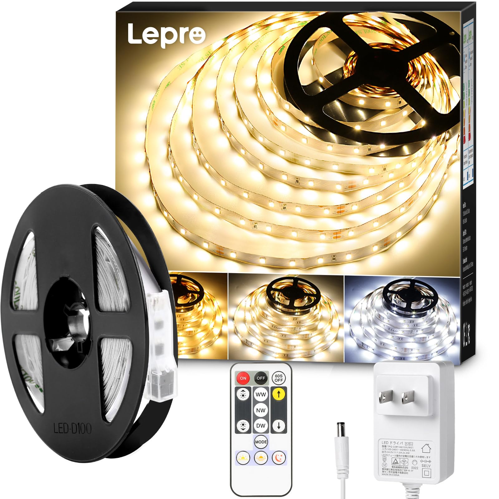 Lepro LED テープライト 10m ledテープ 電球色・昼光色・昼白色 調光調色 明るさ調整 間接照明 リモコン付き イルミネーションライト 3pin 2835SMD 取付簡単 非防水 店舗 室内 ホーム装飾用 DIY ledテープライト商品画像