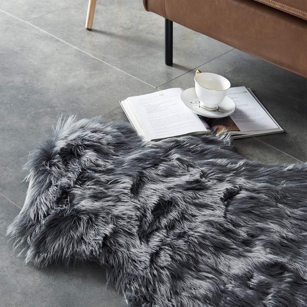 Tiffasea Sheepskin Faux Fur Rug for Bedroom, 2x3ft Fluffy Area Rug Small Throw Rug Fuzzy Couch Chair Cover Bedside Floor Carpet for Playroom Living Room Photography Decor, Dark Grey