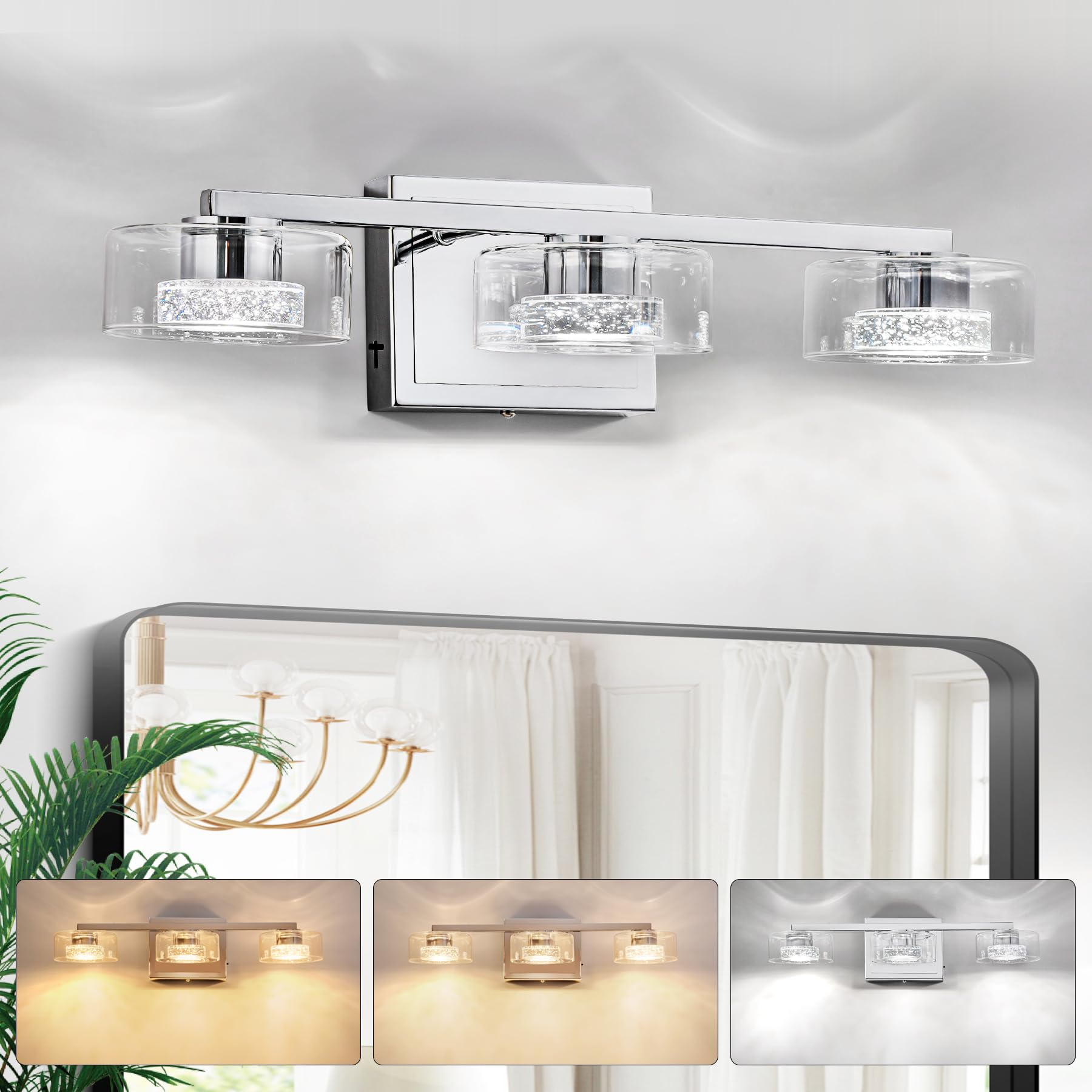 View 1 of BrkNit Bathroom Lighting Fixtures Over Mirror, Modern LED Crystal Bathroom Light with Clear Glass Shade, 3 Light Chrome Vanity Lighting Wall Lamp for Restroom Bedroom Living Room