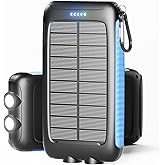 Solar Charger Power Bank 49800mAh Portable 15W Fast Charging Power Bank with QC3.0 USB-C & Dual USB-A Ports for Cell Phones, LED Flashlight, Carabiner, Waterproof Solar Panel for Camping, Outdoor