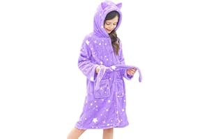 Doctor Unicorn Girls Leopard Cat Robe Kids Fleece Warm Hooded Bathrobe