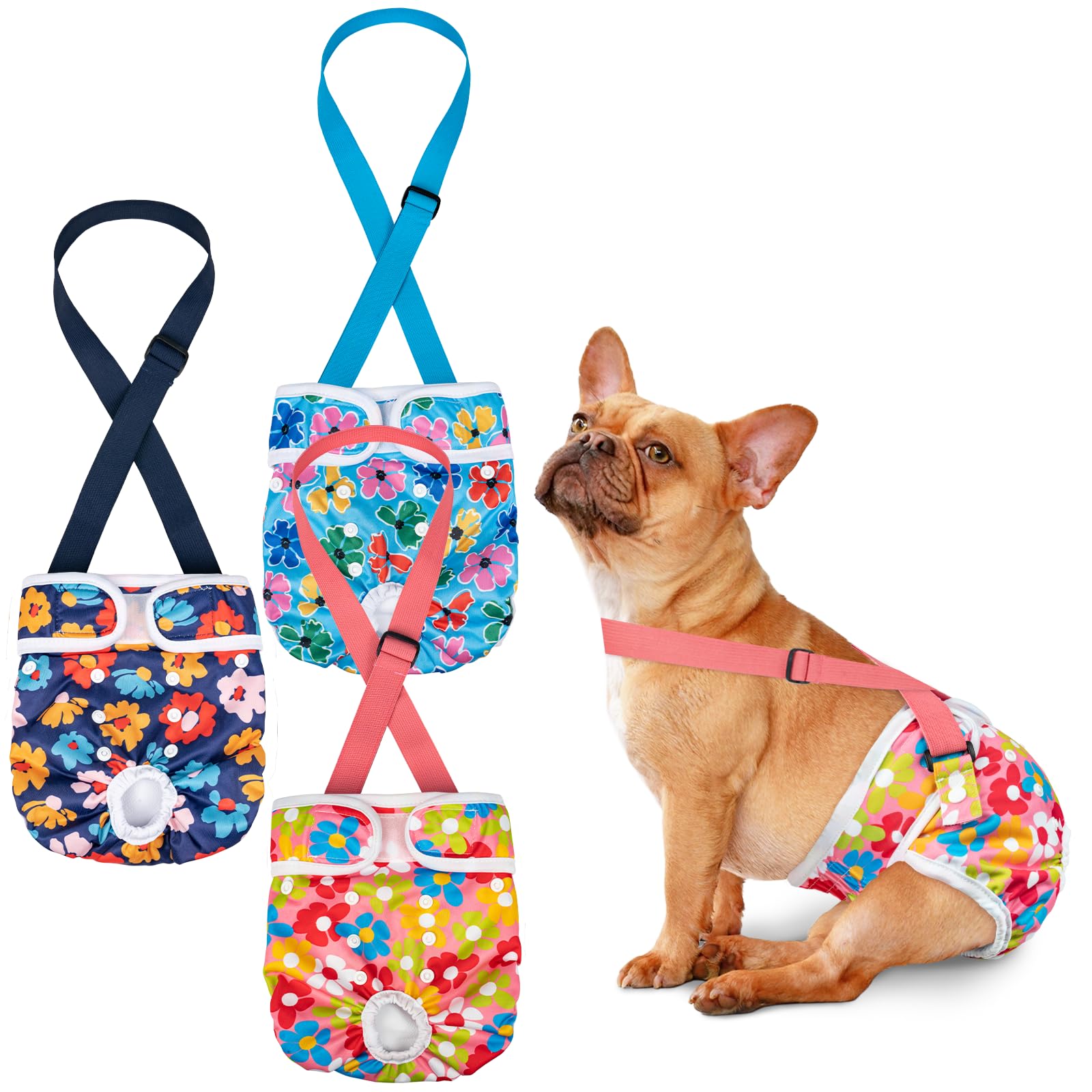 Photo 1 of Pet Soft Dog Diapers Female with Suspenders, 3 Pack Reusable Female Dog Diapers for Heat, Dog Period Panties for Doggie in Cycle(Small, Floral)