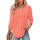 XIEERDUO 3/4 Length Sleeve Tops for Women 2026 Crewneck Casual Pleated Tunic Tops Shirts Blouses