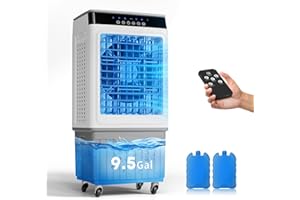 LALAHOO Evaporative Air Cooler with 9.5 Gallon Water Tank Swamp Cooler Portable Cooling Fan, 2 Ice Box, 3 Wind Speeds, 120°Oscillation for Outdoor Indoor Use, Remote Control