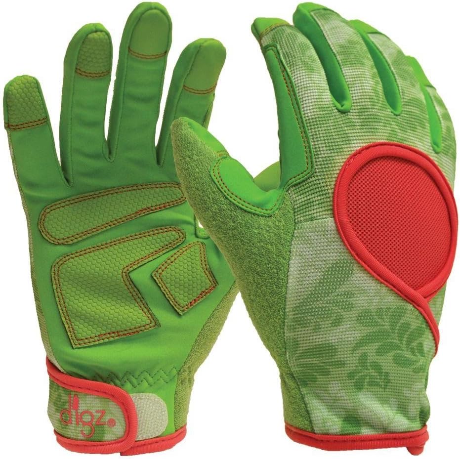 Digz Women's Signature High Performance Women's Gardening and Work Gloves with Touchscreen Compatible Fingertips, Green Leaves Pattern, Small : Garden & Outdoor