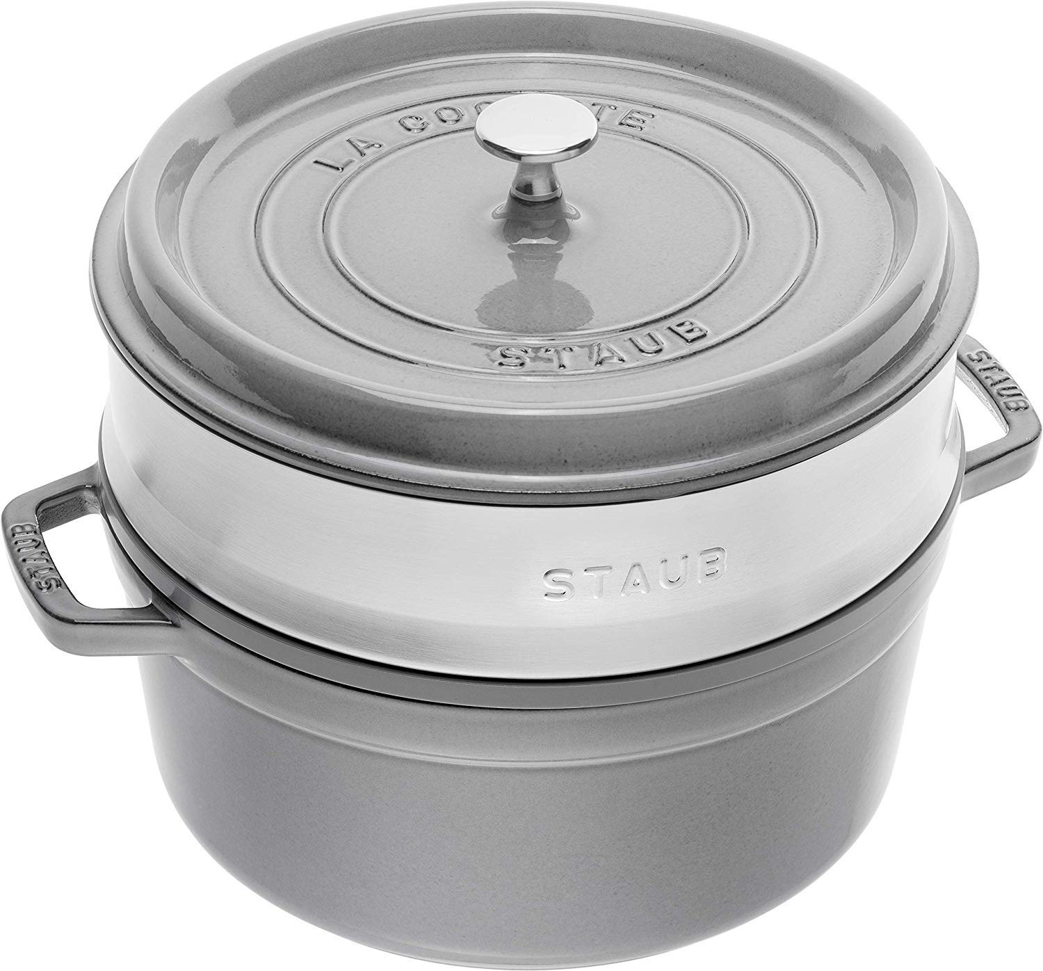 STAUB Cocotte, Gusseisen Bräter mit Dampfeinsatz aus Edelstahl, 26 cm, 5,25 L, Rund, Alle Herdarten inkl Induktion, Made in France, Graphit-Grau