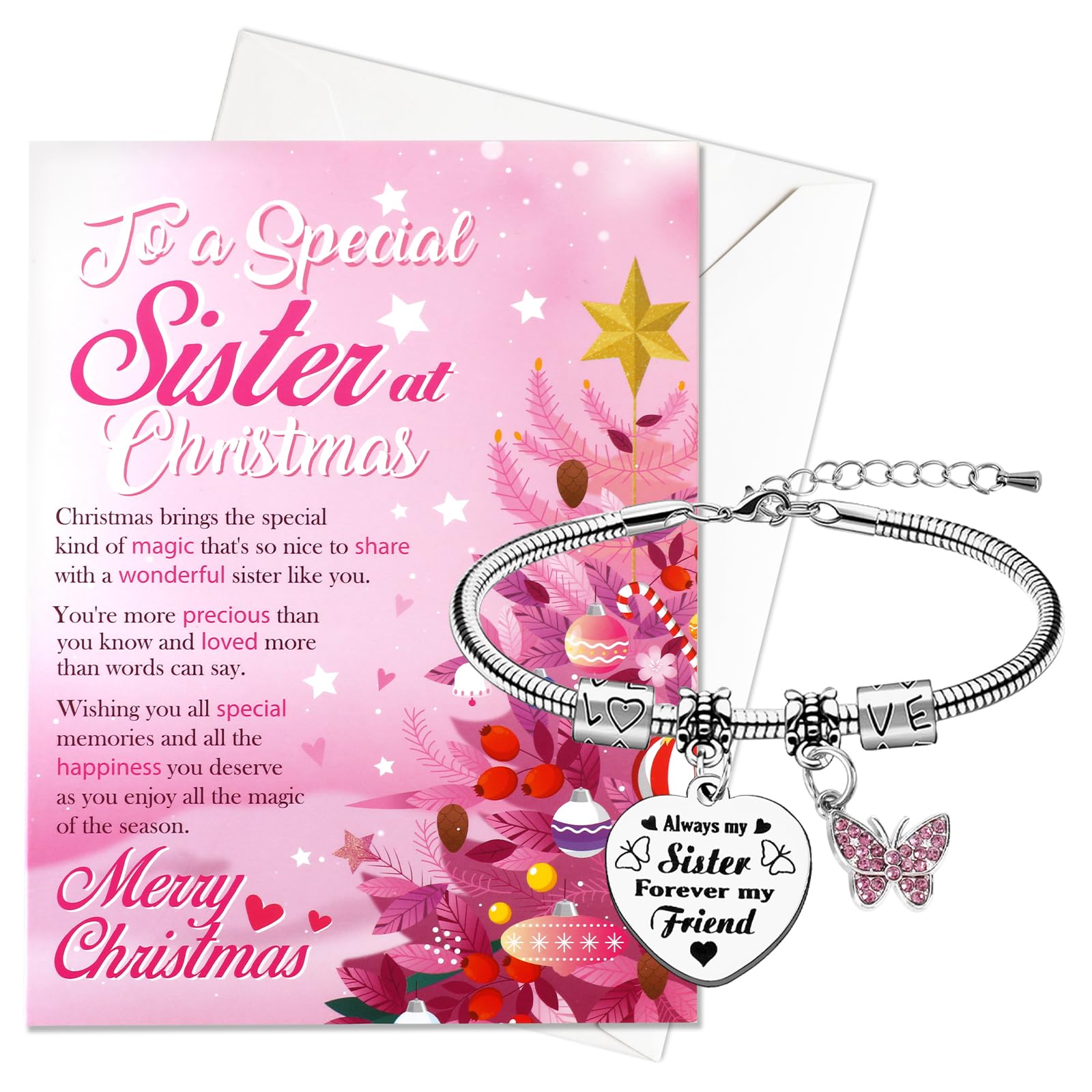 HOWAF Sister Christmas Card, Xmas Card Sister Gifts & Heart Bracelet, Gifts for Christmas