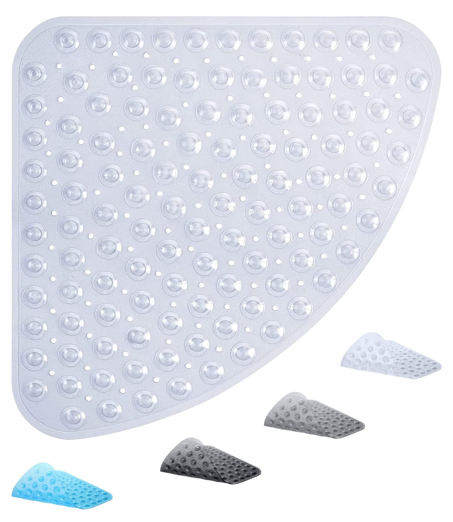 ADOV Corner Shower Mat, 54x54cm Curved Non Slip Anti-Mould Bath Mat, Quadrant Rubber Mat for Inside Shower Bathroom Floor, Machine Washable Sector Shower Mats with Strong Quick Dry Suction Cups- Clear