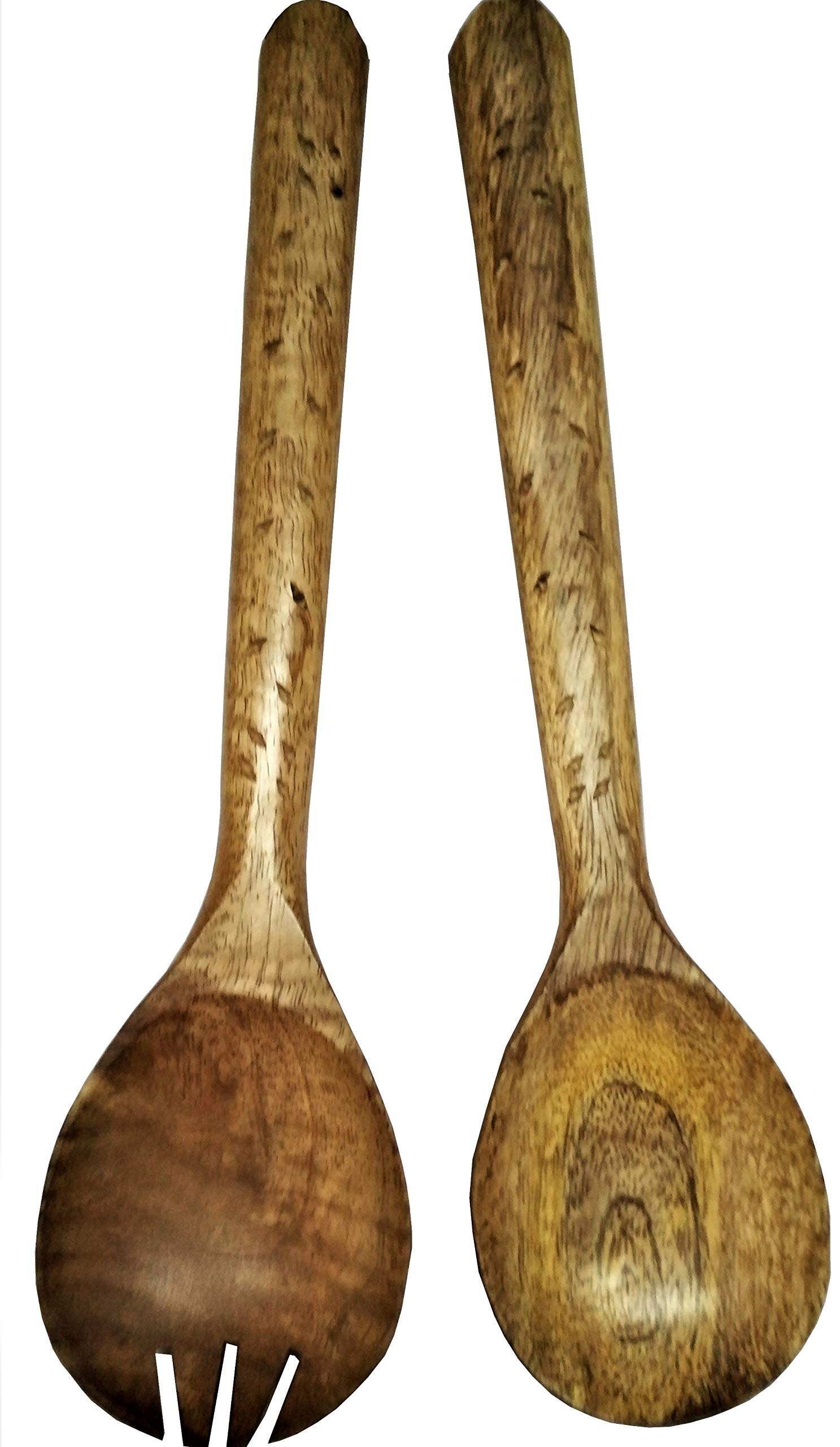 Purpledip Wooden Serving Spoon & Fork Set 'Bird Walk': Handmade Vintage Tableware or Kitchen Decorative Accent (11631)