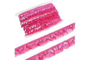 GORGECRAFT 11m 3cm Elastic Organza Fabric Ribbon Sequin Chiffon Lace Edge Trim Hot Pink Gathered Ruffle Pleated Mesh Stretch Fringe Trimming for Sewing Gift Package Wrapping Cloth Craft
