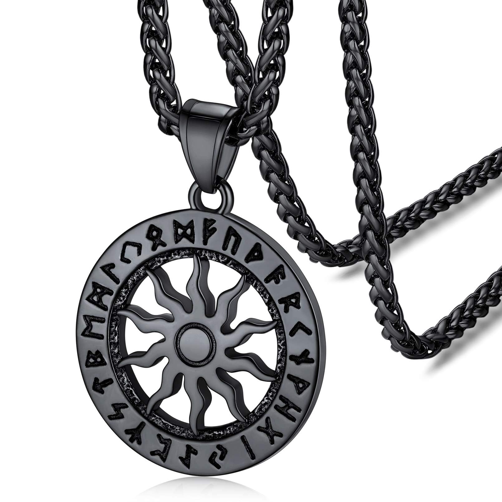Viking Nordic Necklace with Sun Charm, Talisman of Protection, Stainless Steel Irish Viking Runic Jewellery Black Pendant for Teen Boys, Girls Gifts for Graduation