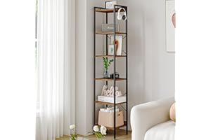 Hzuaneri Bookshelf, Book Shelf, Industrial Bookcase with 2 Hooks, Coner Shelf Storage Organizer for Home Office, Living Room,