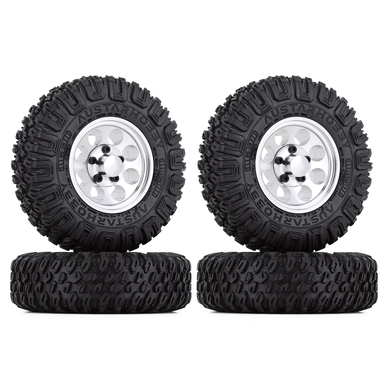 KEEDA 85mm RC Tires and Metal Alloy 1.55 inch Beadlock Wheels Rims for 1/10 RC Crawler Car D90 Pajero TF2 Tamiya CC01 CC02 LC70 LC80 Upgrade Parts (Silver)