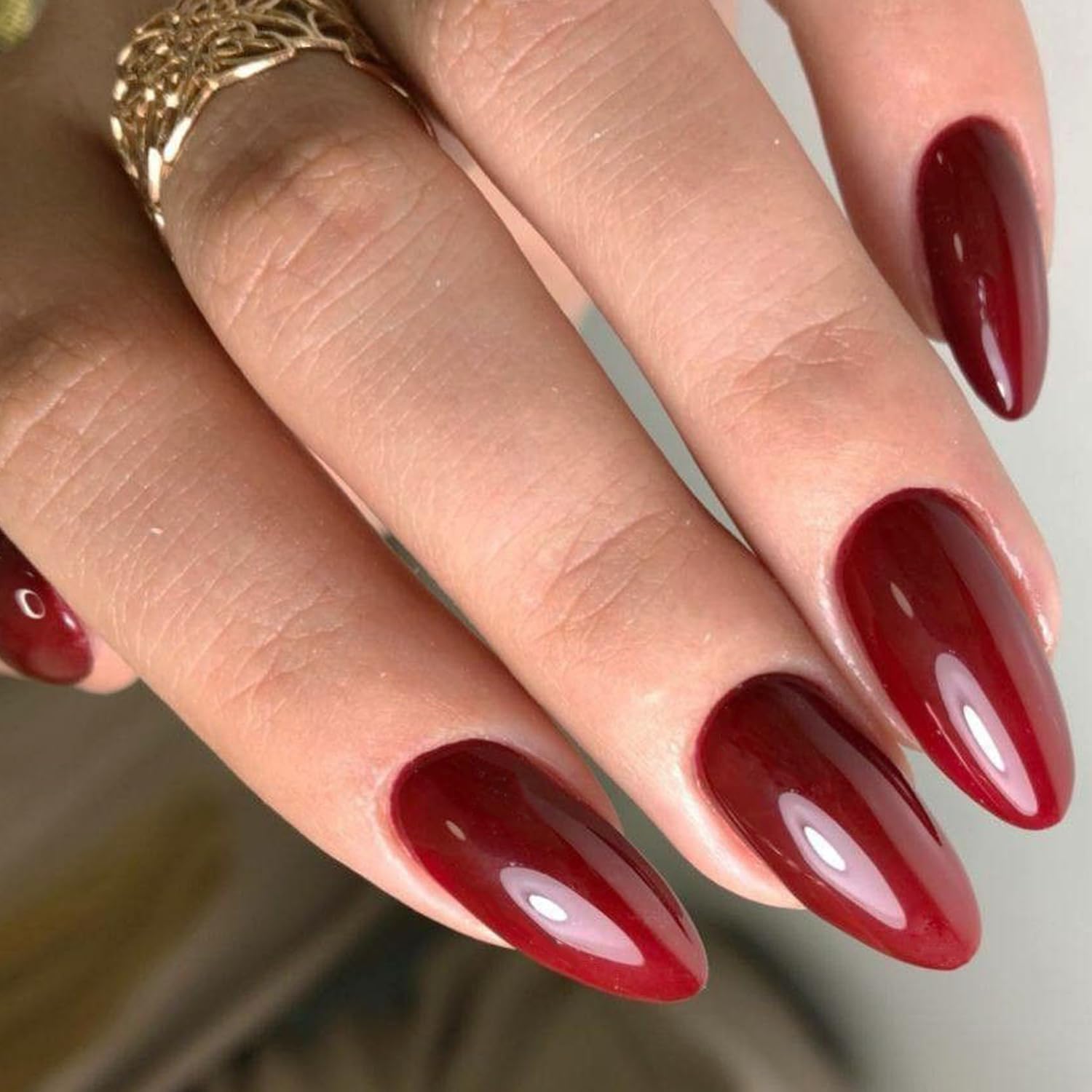GLAMERMAID Cherry Red Press on Nails Medium Almond, Handmade Jelly Soft Gel Dark Red Glue on Nails Stiletto, Burgundy Emo Fake Nails Short Oval, Reusable Acrylic Stick on False Nails Kit for Women - Image 4