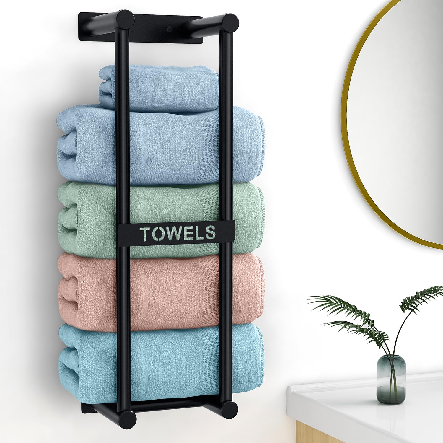 STWWO Towel Rack Wall Mounted Bath Towel Holder 56cm Black Bathroom Towel Holder for 4 Large Bath Sheets Rolled Towels Storage for Small Bathroom Organizer