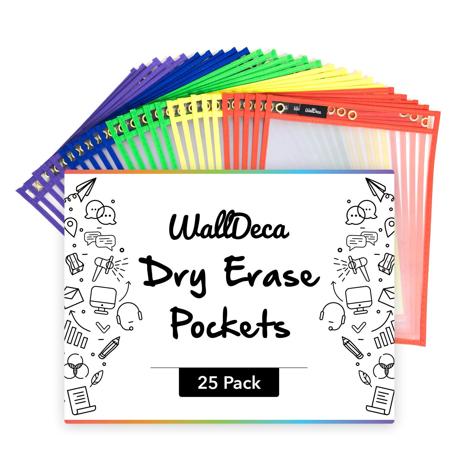 WallDeca Dry Erase Pocket Sleeves Assorted Colors, 8.5 x 11 inches (22 x 28 cm), Plastic Paper Holder Pack, Reusable Dry Erase Sleeves, Classroom Essentials for Teachers, 5 Colors (25-Pack)