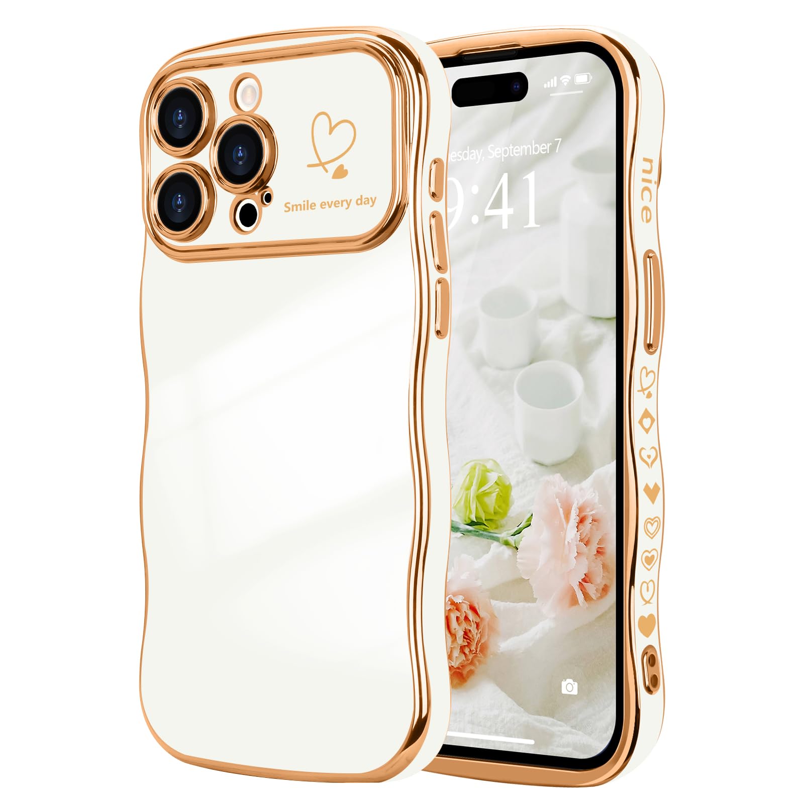 LCHULLE for iPhone 15 Pro Case for Women Girls,Cute Curly Wave Frame Shape Love Heart Pattern Phone Case,Raised Camera Protection Luxury Plating Shockproof Cover for iPhone 15 Pro 6.1",White — image 1