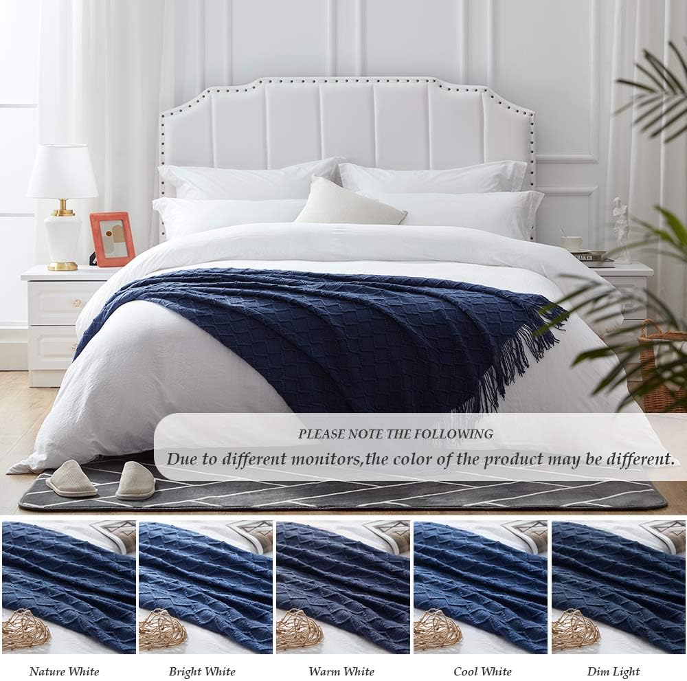 SunStyle Home Throw Blanket for Couch Sofa, Decorative Knitted Blanket(50x60inch) with Tassels, Soft Lightweight Cozy Woven Blanket for Women, Men and Adults, Suitable for All Seasons, Navy: Kitchen & Dining
