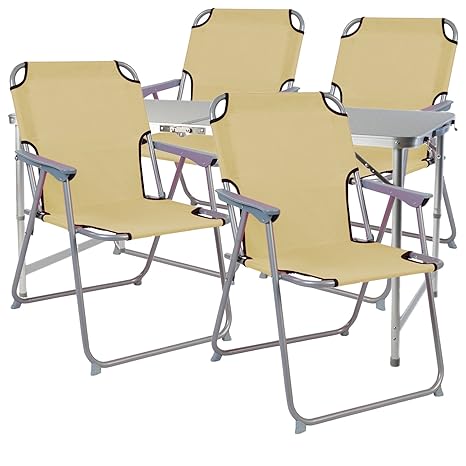 FineHome Campingmöbel Set 5tlg. Alu 120x60x58/70cm 4 Campingstühle Beige Stoff Oxfort + 1x XXL Campingtisch mit Tragegriff