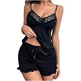MakeMeChic Women's 2 Piece Pajama Set Lace V Neck Cami Top and Ruffle Shorts Lounge Set