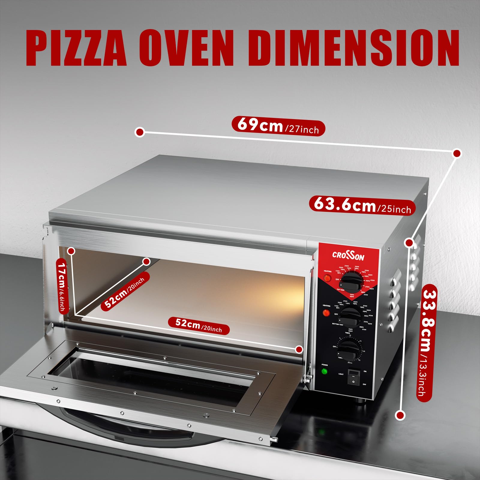 CROSSON Kommerzieller Pizzaofen Backofen mit 50 * 50CM Schamottstein,Elektrischer Pizzaofen aus Edelstahl Temperatur bis 350℃,30-Minuten-Timer,Innenbeleuchtung,3000W 2
