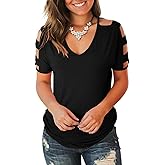 Jescakoo Women's Short Sleeve Cut Out Cold Shoulder Tops Deep V Neck T Shirts