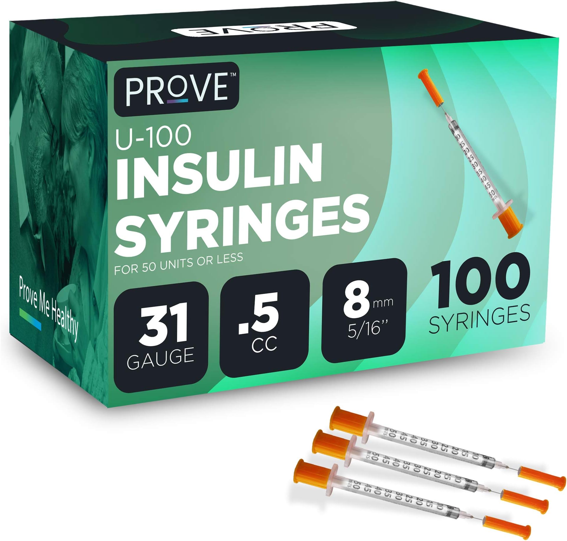 Prove Insulin Syringes 31 Gauge 5/16’’ Single-use Insulin Syringe with Needle, 100 Count (Packaging May vary)