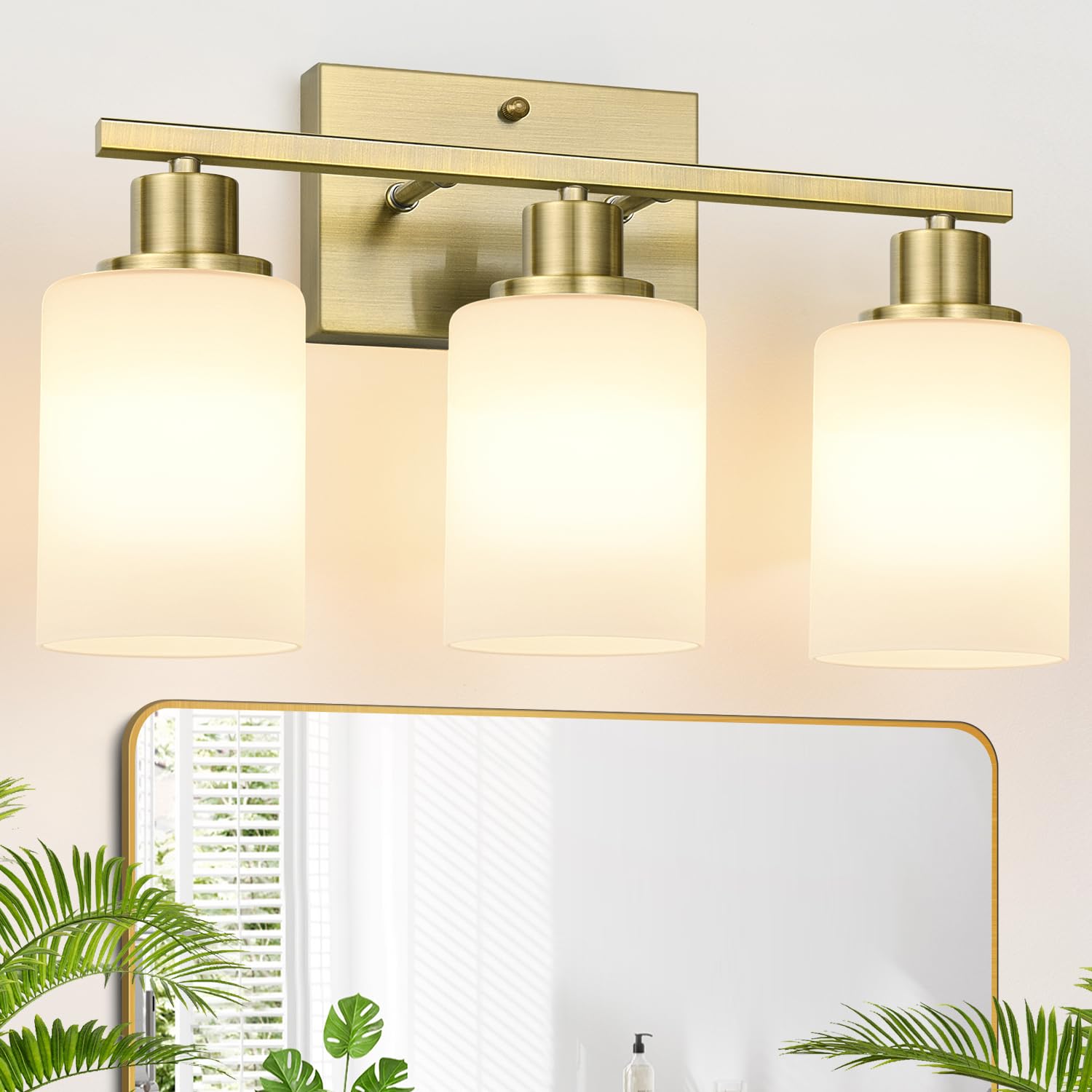 Photo 1 of 3-Light Bathroom Light Fixtures, Brass Vanity Light with Milky White Shades, Bathroom Lighting Fixtures Over Mirror, Modern Bathroom Wall Lamp for Mirror Living Room Cabinet Bedroom