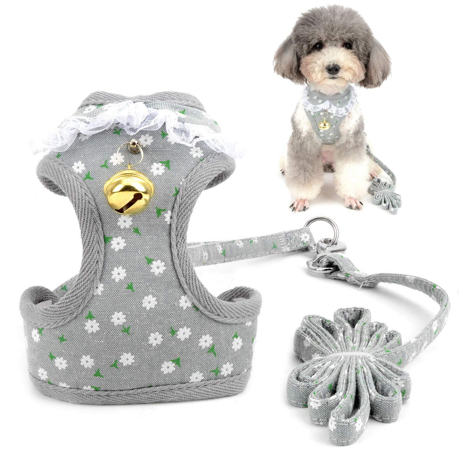 Zunea Dog Harness and Lead Set for Small Dogs No Pull Adjustable Mesh Padded Chihuahua Vest Harnesses with Bell, Cute Floral and Strawberry Printed Cat Harness Escape Proof for Walking Gray M