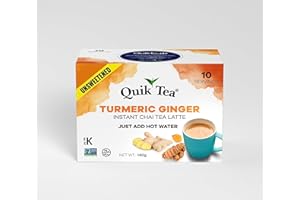 QuikTea Instant Unsweetened Turmeric Ginger Chai Tea Latte – 10 Count, Earthy Turmeric Glow With Zesty Ginger Warmth, Low Caf