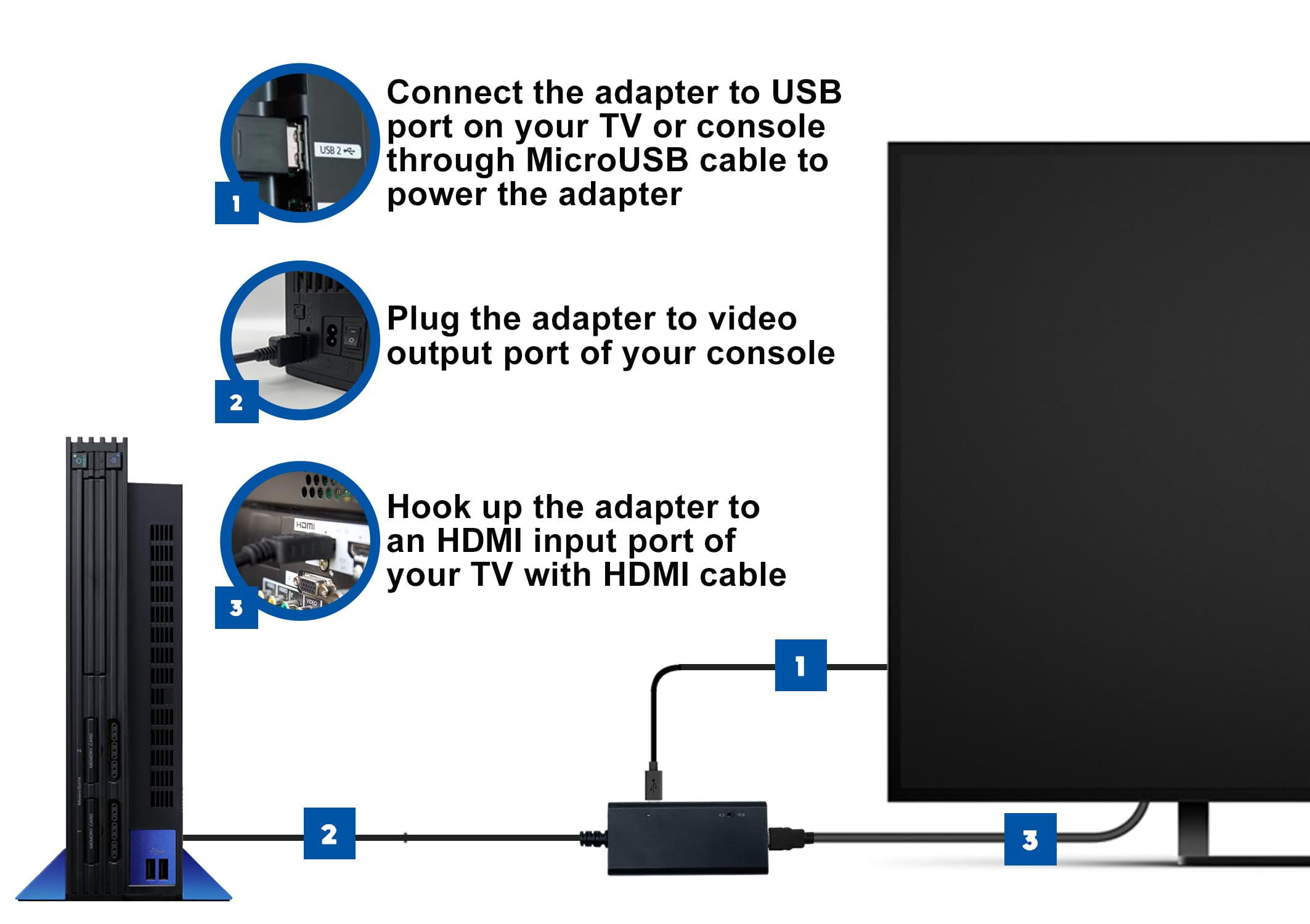 HDMI Cable for PlayStation 2 & PlayStation 1 Console (PS2 & PS1), PS1/PS2 to HDMI Adapter with True RGB Signal Output (100% Improved Video Quality), HD Converter with 4:3/16:9 Switch
