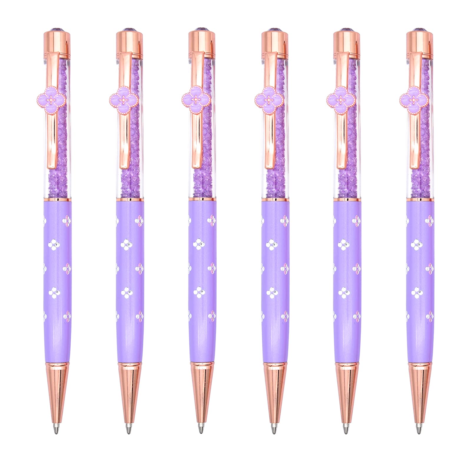 Gullor 6 Pieces Black Ink Pens Four-leaf clover crystal pen Medium Point Ballpoint Pens, Purple