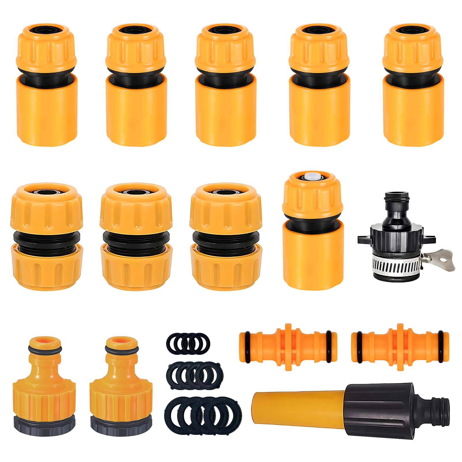 27Pcs 2-in-1 Garden Hose Kit With Nozzle, Quick & Repair Connectors, Waterstop, Double Male Snap, and Tap Fittings 1/2'' & 3/4''