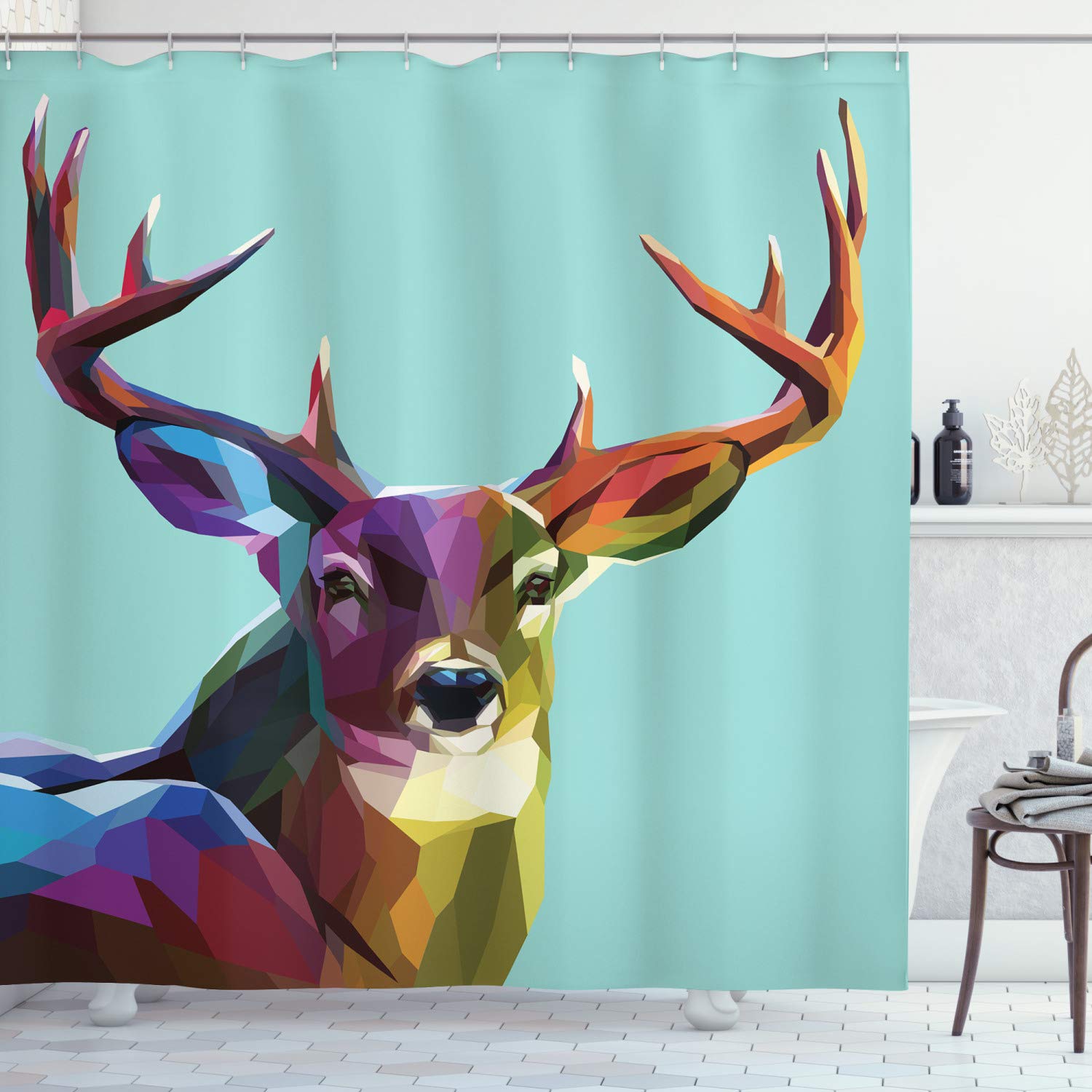 ABAKUHAUS Deer Shower Curtain, Modern Illustration of Low Poly Deer with Triangle Psychedelic Polygonal Style Retro, Cloth Fabric Bathroom Decor Set with Hooks, 86 Inches Extra Long, Multicolor