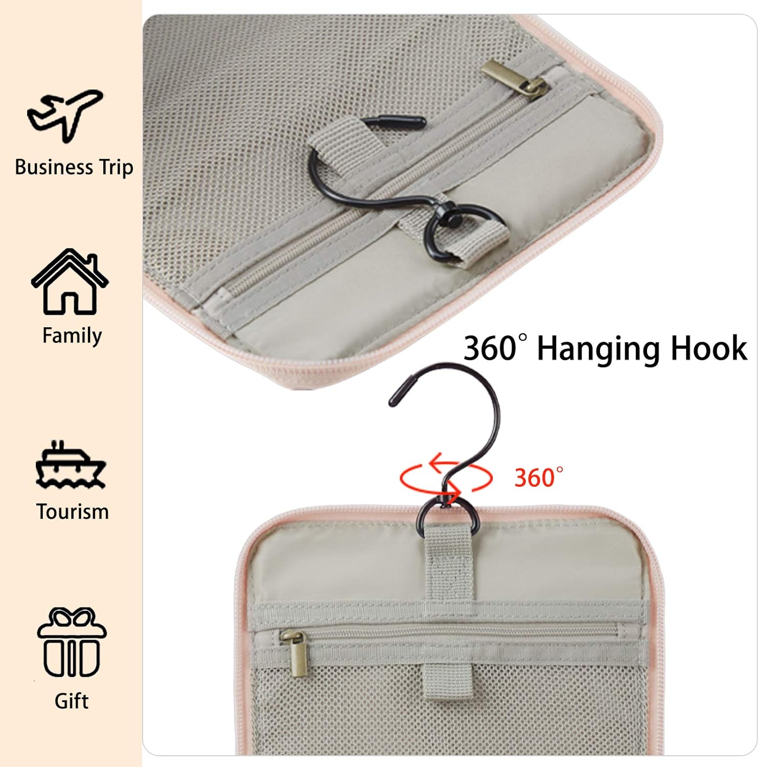 Toiletry Bag, BAGSMART Travel Leather Dopp Kit for Women with Hanging Hook, Water-resistant Large Travel Organizer Kit for Toiletries, Full Sized Container, Make Up Accessories (Pink)