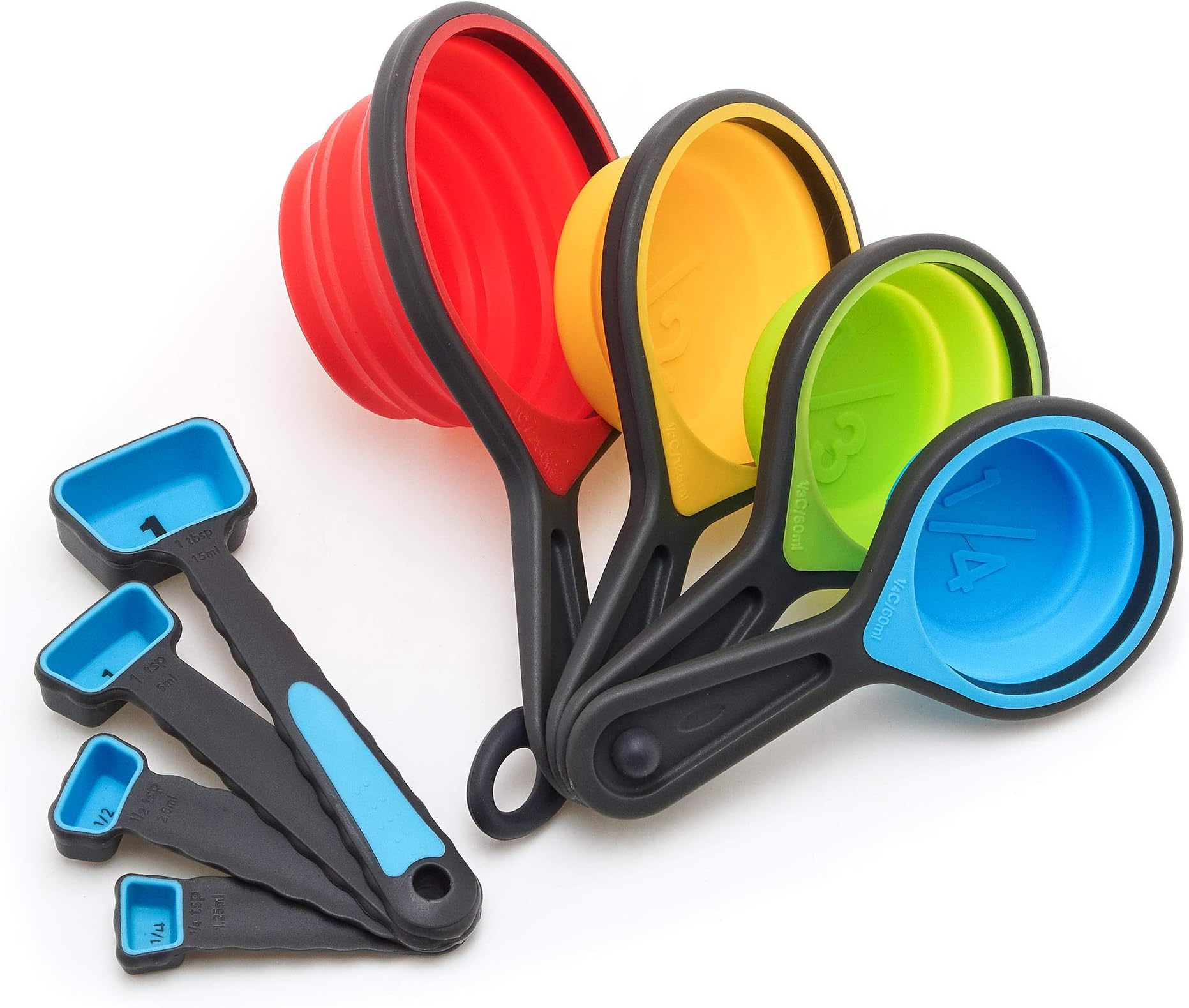Collapsible Measuring Cups and Spoons Set - 8 Pcs Travel Silicone Measuring Cups and Measuring Spoons