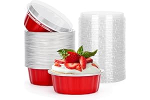 Disposable Ramekins 8 oz, Beasea 50 Pack 4 Inch Aluminum Foil Cups with Lids, Bake Utility Ramekin Cup Souffle Cup Muffin Cup