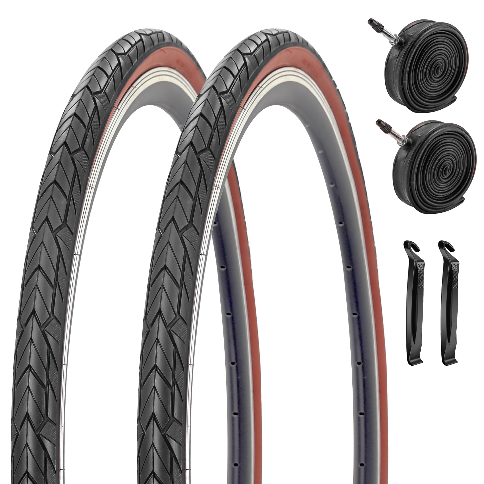 Photo 1 of 2 Pack 700x35c Bike Tires and Inner Tubes for Hybrid Bicycles Tyres Black Wall or Brown Wall (Brown Wall, 700x35C)