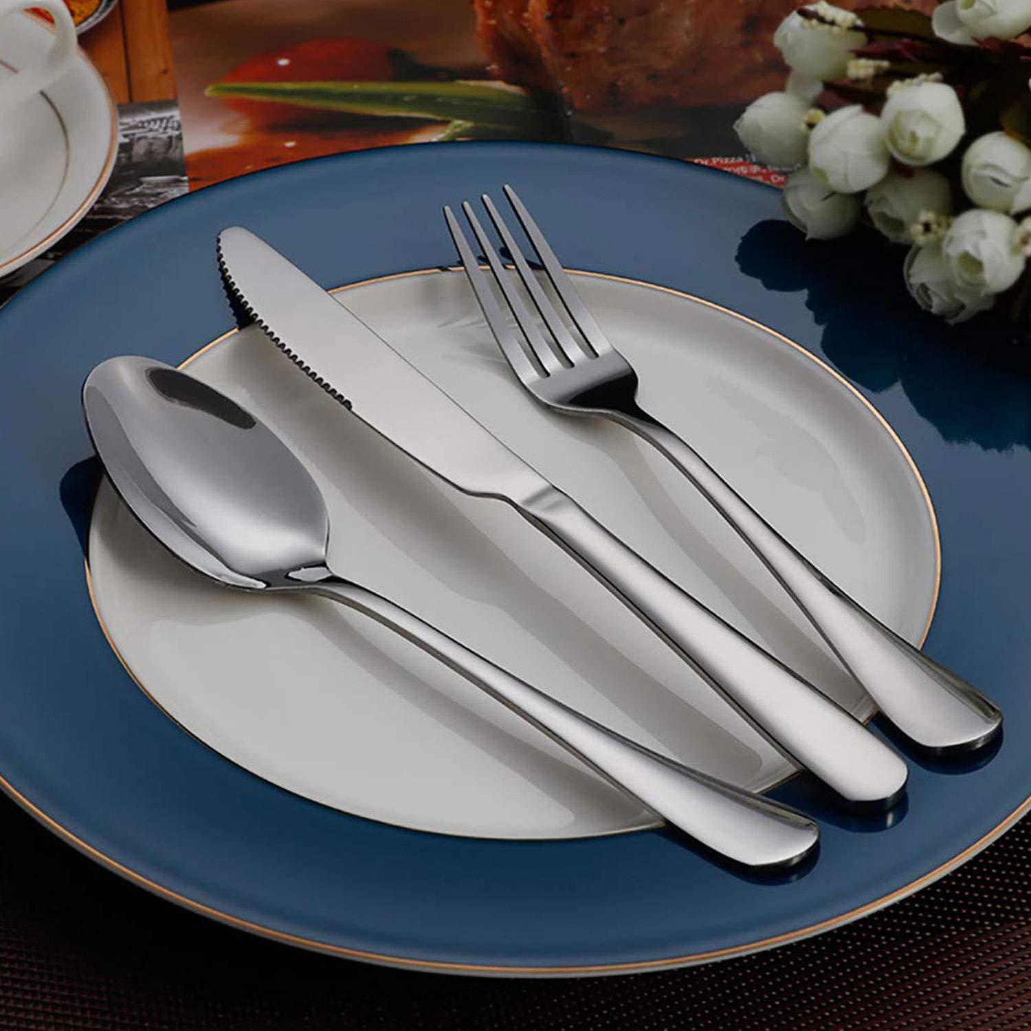 TaNaT 48 Piece Flatware Set Stainless Steel Serving Set Durable Hostess Serving Utensil Service for 8, Western Tableware with Smooth Round Edge,Dishwasher Safe,Daily Use