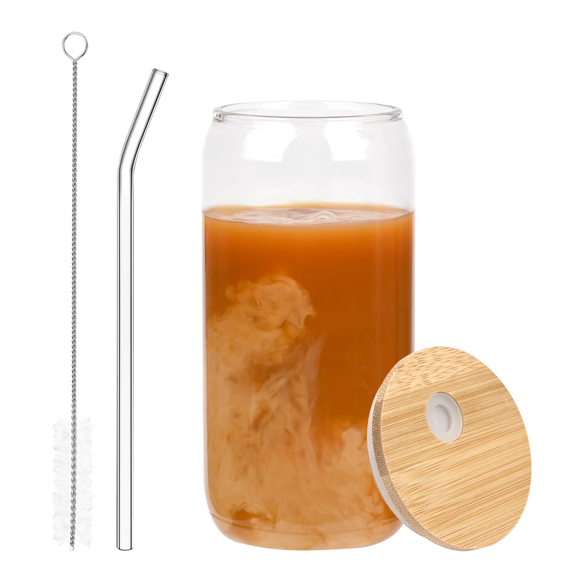 Photo 1 of ** MISSING STRAW **** Emlim 1 PCS iced Coffee Glasses Drinking Glasses cup,Beer Glass Cup,CLear Old Fashioned Whiskey Cup with bamboo lid and glass straw for Cocktail, Whiskey,Mojito,Smoothie,Iced Coffee