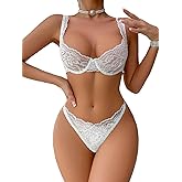 Lilosy Sexy Floral Lace Scallop Underwire Push Up Sheer Lingerie Set Outfits