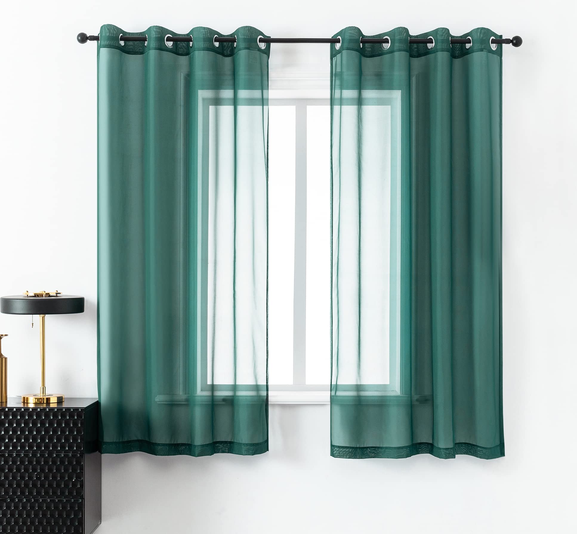 Photo 1 of DUALIFE Hunter Green Sheer Curtains 45 Inch Length,Look Semi Sheer Curtain Drapes for Living Room Bedroom Loft Kitchen Bathroom Privacy Voile Window Treatment Panels,52 x 45 Inches,Set of 2