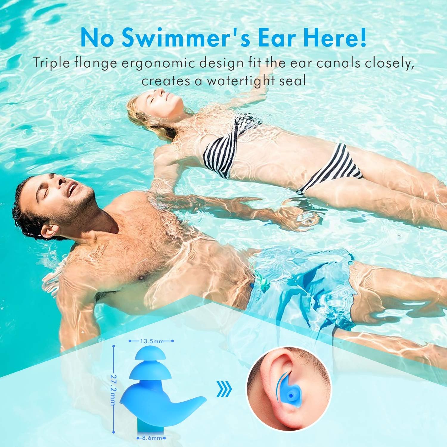 【Upgraded Design】Hearprotek Silicone Swimming Earplugs, 2 Pairs Waterproof Reusable Ear Plugs for Swimming Showering Bathing Surfing and Other Water Sports Adult Size (Navy Blue): Health & Personal Care