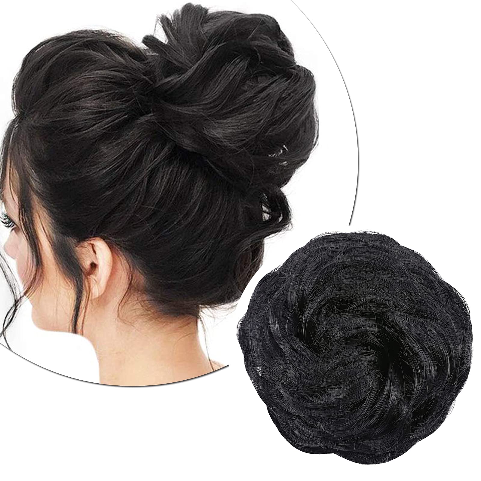 Silk-co Synthetic Hair Bun Extensions Hairpiece 45g Thick Messy Hair Scrunchies for Women Updo ponytail Extensions - Jet Black Scrunchie
