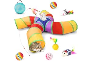 ANZNKU Cat Tunnel, Collapsible Cat Tunnels for Indoor Cats, Kitten Toys, Catnip Cat Toys for Indoor Cats, Rainbow Pinwheel Shape 4 Entrance Cat Tube, Set of 11 Toys for Puppy Kitty Kitten Rabbit